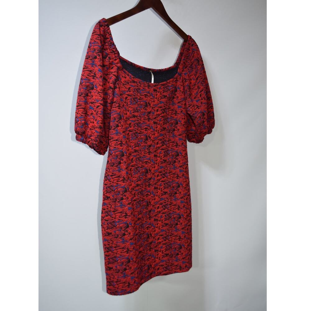 Free People Red Blue Black Floral Jacquard Puff Sleeve Mini Dress Size Medium